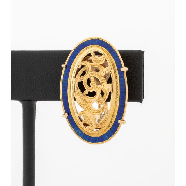 Modern Cobalt Blue Enamel & Yellow Gold Filigree Earrings For Sale - Image 3 of 9