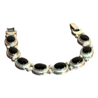 Sterling Silver & Onyx Link Bracelet For Sale
