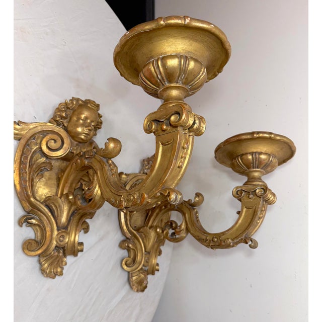 Large Antique Ornate Carved Italian Gilt Wood Cherub Wall Sconce Fixtures - a Pair For Sale - Image 10 of 18
