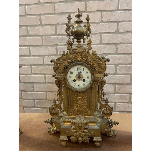 Victorian Antique Art Nouveau Mantle Clock and Candelabras - Garniture Set For Sale - Image 3 of 12
