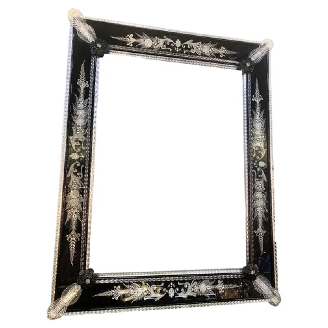 Venetian Black Floreal Hand-Carving Wall Mirror in Murano Glass by Simong For Sale