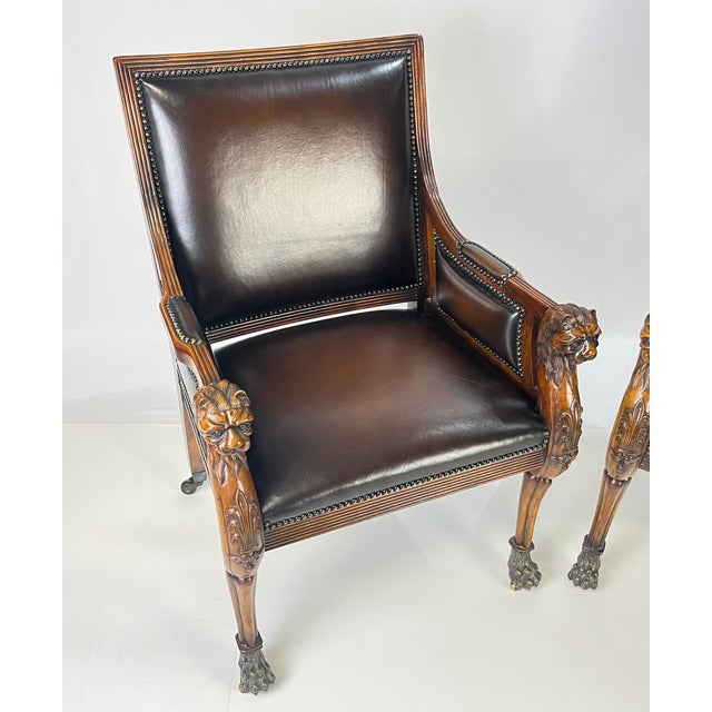 Neoclassical Pair of Theodore Alexander Regency Style Carved Lion & Hairy Paw Caster Armchairs in Brown Leather For Sale - Image 3 of 17