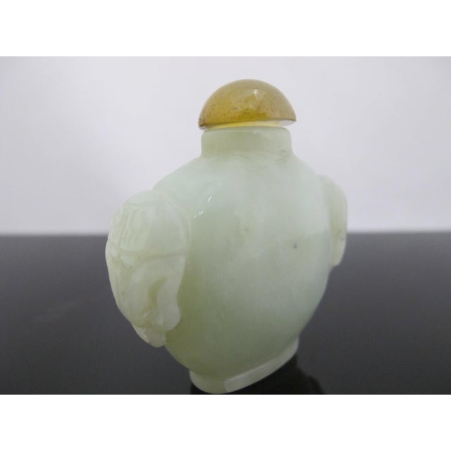 Green Chinese Green Jade Carved Mock Mask Ring Handle Snuff Bottle For Sale - Image 8 of 10