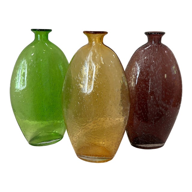 Set of 3 Hand-Blown Controlled Bubble Glass Vases Amber Amethyst Green For Sale
