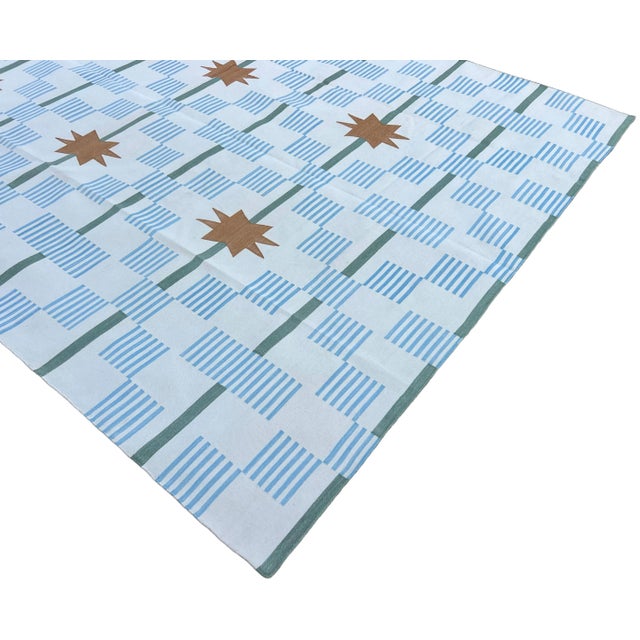 Handmade Cotton Area Rug, Cream, Sky Blue, Green and Tan Star Dash Striped Dhurrie - 9'x12' For Sale - Image 6 of 12
