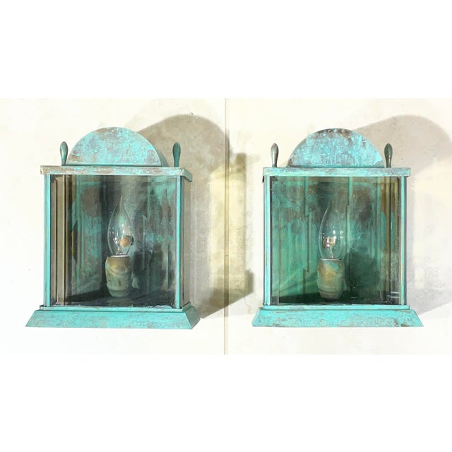 Vintage Verdigris Solid Brass Lanterns - Pair of Wall-Mounted Sconces For Sale In Miami - Image 6 of 13