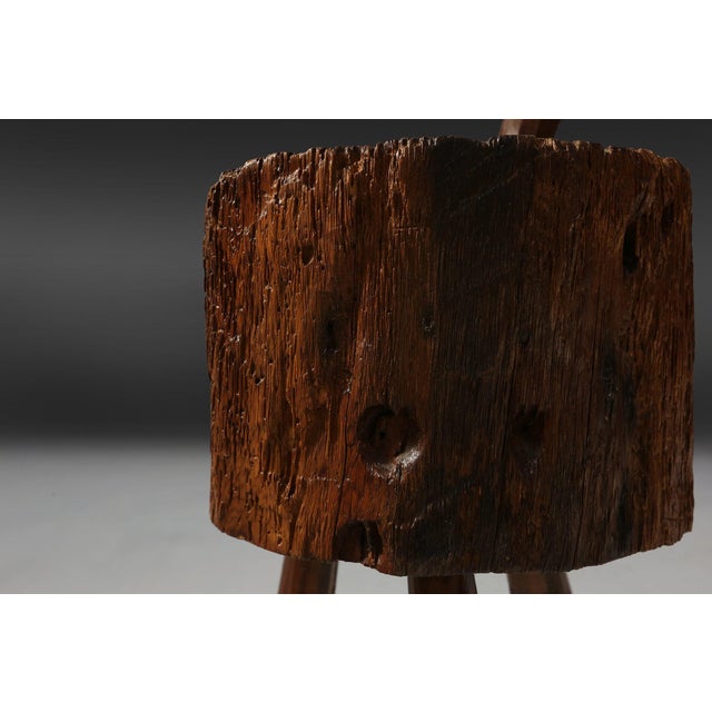 Brown 19th Century Rustic Handmade Oak Stool, France For Sale - Image 8 of 11
