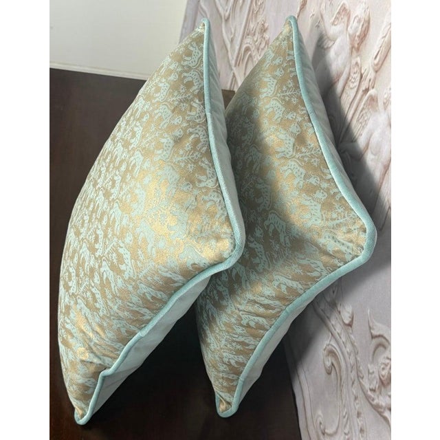 Custom Fortuny Decorative Pillows in Gilt Gold & Aquamarine, Italy For Sale - Image 12 of 13