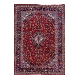 Vintage Red Persian Kashan Wool Rug With Medallion Design For Sale
