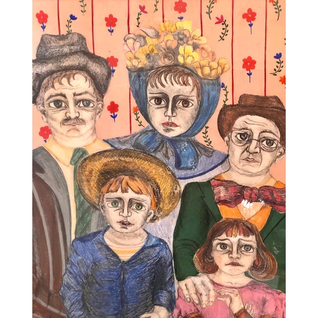 Maria Teresa Vieco, Latin American Folk Art Family Portrait Colombian Naive Painting, Color Drawing, 1975 For Sale - Image 4 of 10