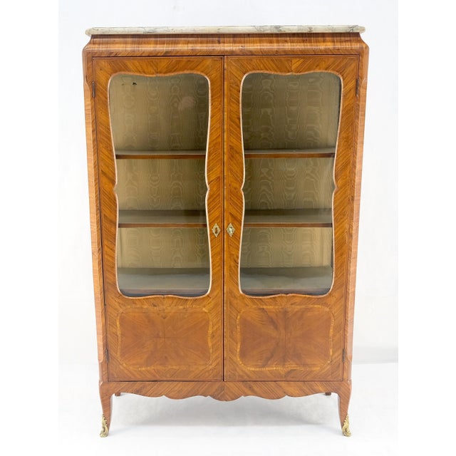 Double Glass Doors French Inlayed Marble Top Curio Cabinet Book Case For Sale - Image 9 of 12