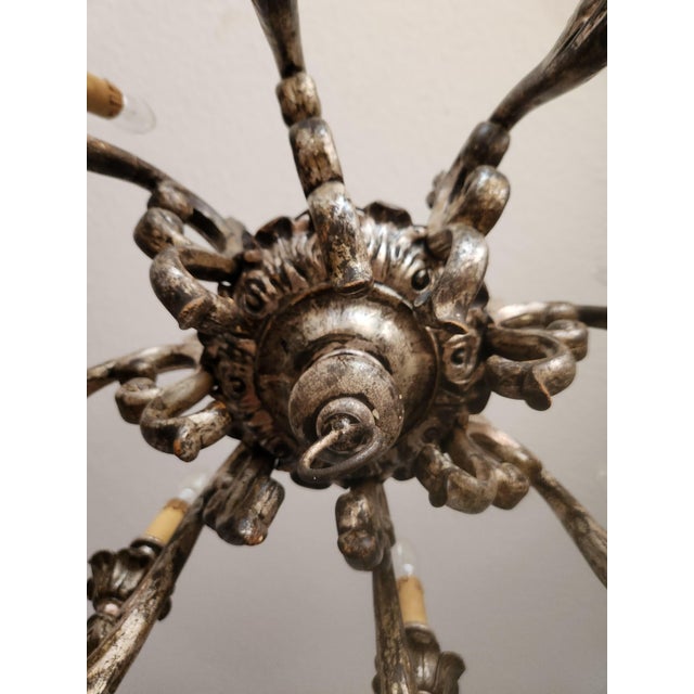Vintage Louis XV Silvered Hand-Painted Carved Wood Eight-Arm Chandelier with Floral Motifs, Italy, 1920s For Sale - Image 9 of 18