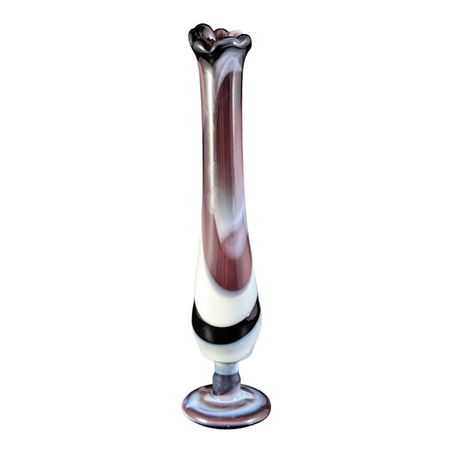 Vintage Westmoreland Purple White Slag Swung Glass Bud Vase 10.25" For Sale