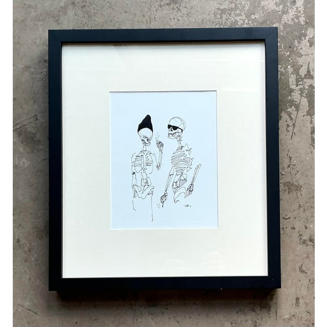 Mid-Century Modern Vintage Boho Original Ink Sketch of Skeletons on Paper For Sale - Image 3 of 5