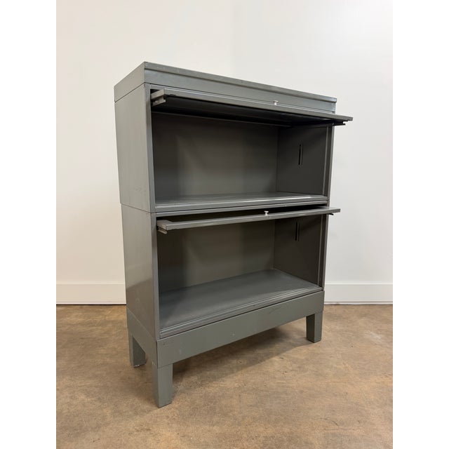 Vintage Industrial Steel Barrister Bookcase With Glass Lift-Up Doors For Sale - Image 10 of 13