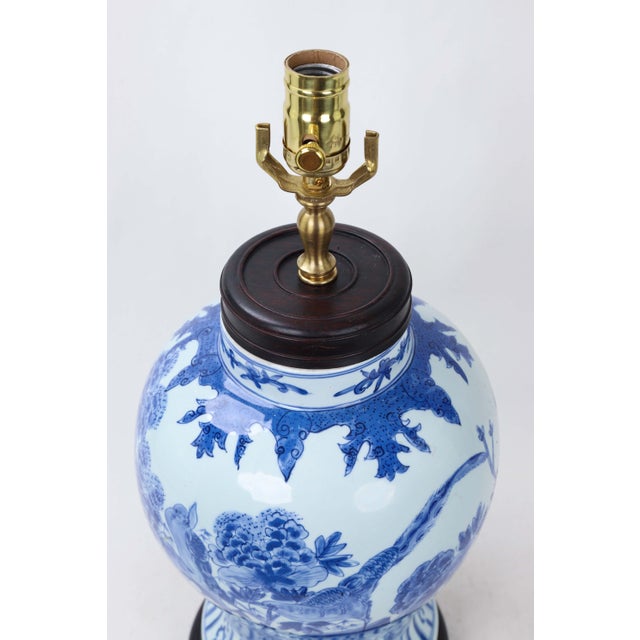 Blue & White Temple Jar Lamp With Oriental Birds and Flower Bushes ...