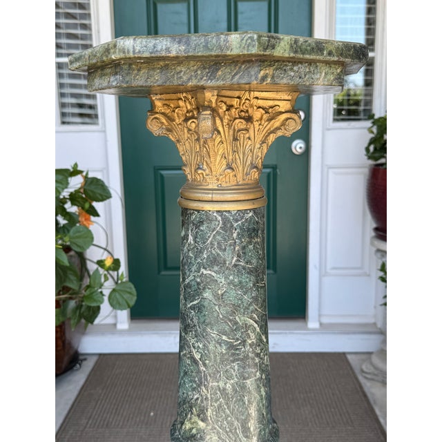 Fine Antique 1800s Verde Antico Marble Column Pedestal Ft. Gilded Corinthian Capital For Sale - Image 11 of 15
