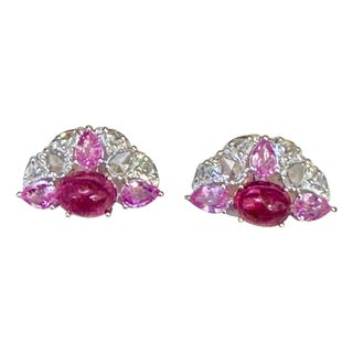 Pink Tourmaline and Pink Sapphire Earrings with Rose Cut Diamonds 18 Karat Gold For Sale