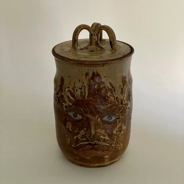 Sculpted Face on Vintage Signed Studio Pottery Ceramic Canister Jar With Lid For Sale In New York - Image 6 of 11
