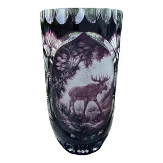 Moser Harrach Amethyst Cameo Vase with Engraved Elk by Gunter For Sale