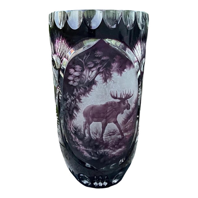 Moser Harrach Amethyst Cameo Vase with Engraved Elk by Gunter For Sale