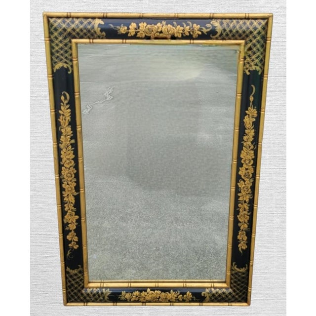 1980s Vintage Chinoiserie Italian Black Gold Floral Regency Wall Mirror For Sale - Image 5 of 11