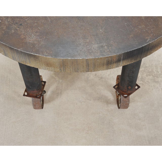 Industrial Style Round Machined Iron Center Table on Casters For Sale - Image 10 of 18