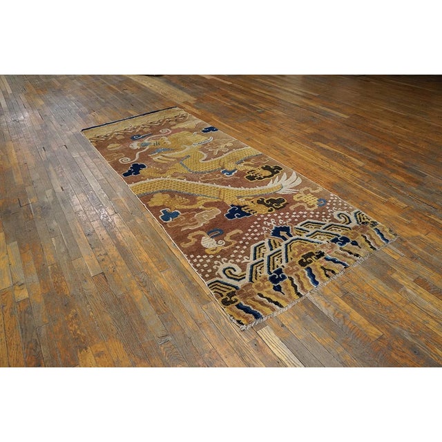 Chinese 1820s Yellow Dragon Antique Chinese Ningxia Pillar Rug 3'4" X 8'8" Handknotted Wool Carpet For Sale - Image 3 of 6