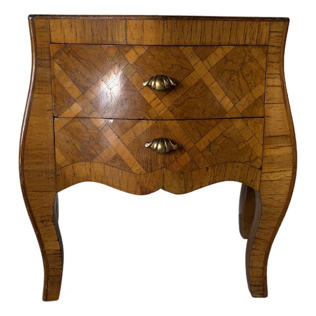 Vintage Italian Burl Olive Wood Parquetry Two-Drawer Miniature Chest With Shell Handles For Sale