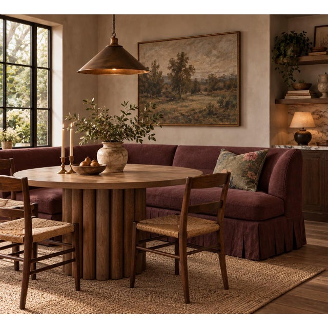 Dresden Banquette 2- Piece Slip Covered in Dark Rust Linen 70″ x 77″d x 31″ h (can be any length) LF Piece: 70″ x 35″D x...