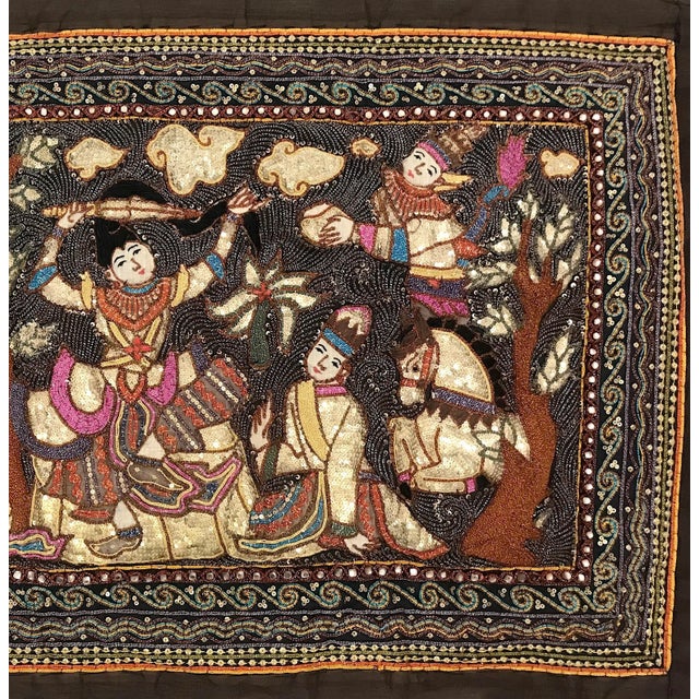 Asian Antique The Princes Procession, Hand Made Burmese Embroidered Kalaga Wall Hanging With Gemstones & Sequins For Sale - Image 3 of 13