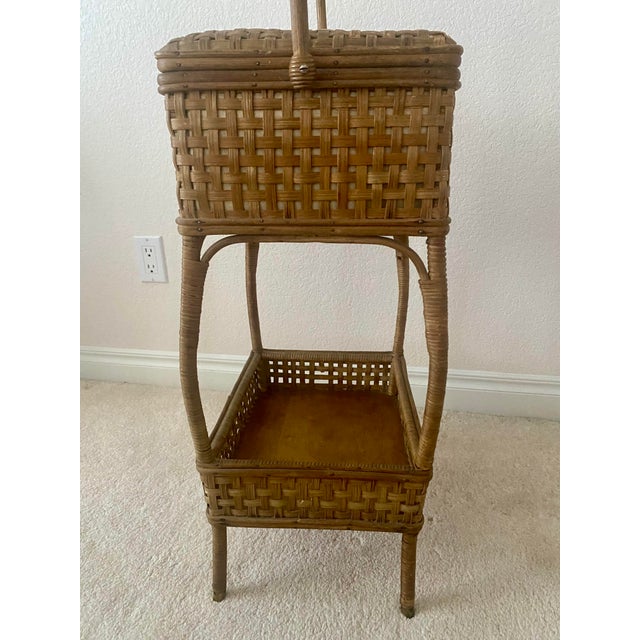 Vintage American Wicker and Rattan Two-Tier Sewing Basket Stand With Original Lining. For Sale - Image 12 of 15