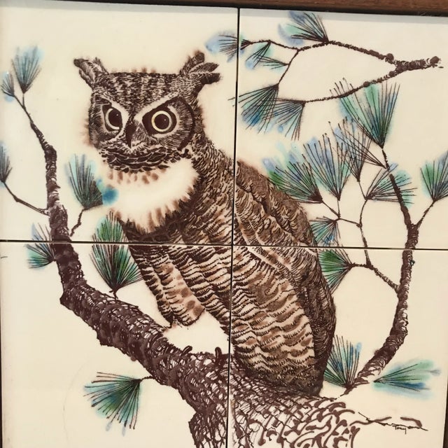 Mid-century modern, wood framed, signed tile panel of an owl in a pine tree.This unique, one-of-a-kind panel consists of 4...