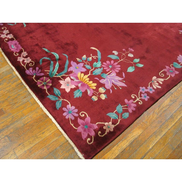 Early 20th Century 1920s Ruby Red Floral Antique Chinese Art Deco Rug 8' 8" X 11' 6" Handknotted Wool Carpet For Sale - Image 5 of 6