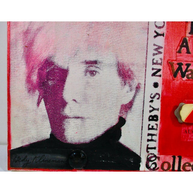 Painting and collage elements on stretched canvas by Hedy Klineman. Andy Warhol Auction Series, 9/89. Serigraphy images of...
