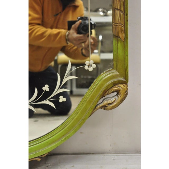 Early 20th Century French Louis XVI Style Plume Swan Carved Green Painted Leafy Etched Wall Mirror For Sale In Philadelphia - Image 6 of 11