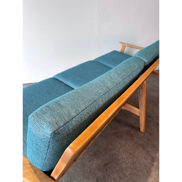 1960s Beechwood Mid Century Danish Modern 3 Seater Sofa Reupholstered in a Blue Chenille For Sale - Image 10 of 10