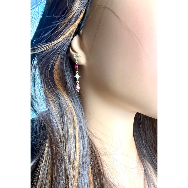 2020s 14k Yellow Gold Drop Earrings 4 Marquis Rubies 2.40 Pavé Diamonds 0.30 Carats, A Pair For Sale - Image 5 of 9