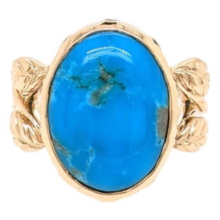 5.3ct Turquoise Ring With Earth Mined Diamond Accents: In Solid 14k Gold , Size 6.75 For Sale