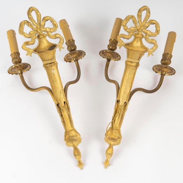 Metal Louis XVI Style Bronze Sconces, Early 20th Century, Set of 2 For Sale - Image 7 of 8