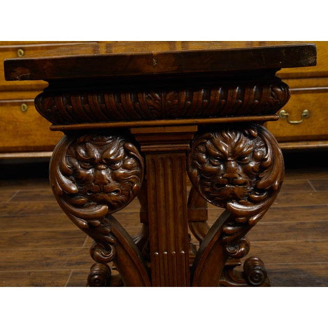 Italian 1800s Walnut Side Table with Lion Motifs and Richly Carved Trestle Base For Sale - Image 11 of 11