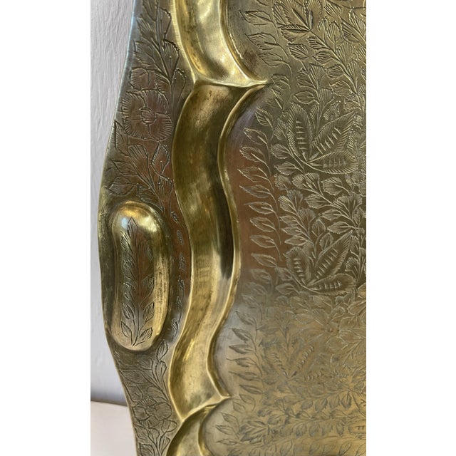 Metal Vintage Brass Scalloped Edge Etched Tray For Sale - Image 7 of 12