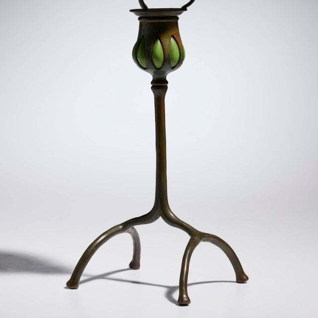 1910s Antique Tiffany Studios Pulled Feather Favrile Glass Blown-Out Candlestick Lamp For Sale - Image 5 of 9