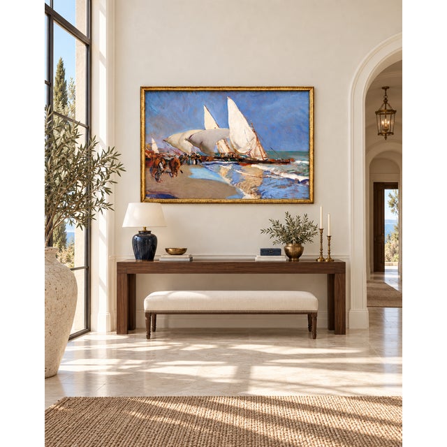 Traditional 1908 Vintage Valencia Beach Sailboat Art Print by Joaquín Sorolla - 30" X 20" For Sale - Image 3 of 8