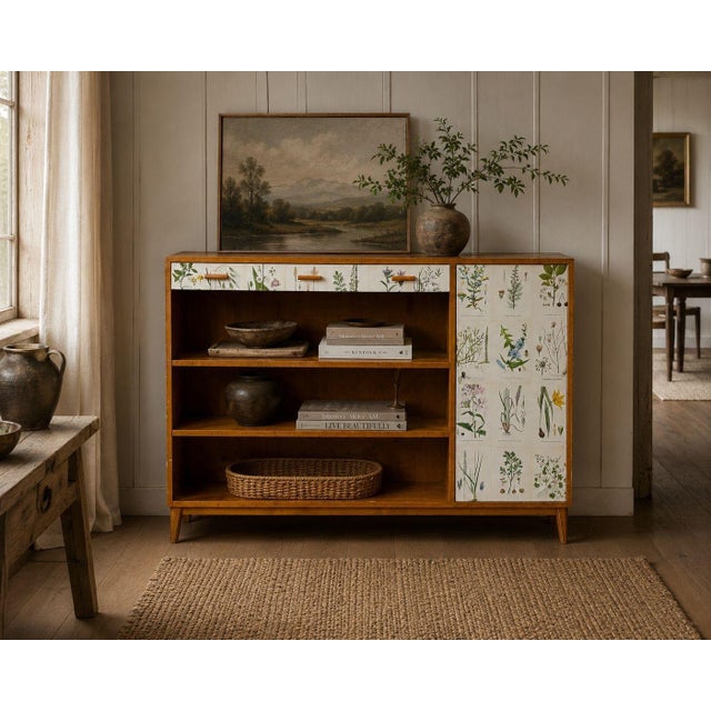 Swedish Modern, Nordens Flora Bookcase, Birch, Floral Lithographs, Sweden, 1940s A wonderful Scandinavian open bookcase...