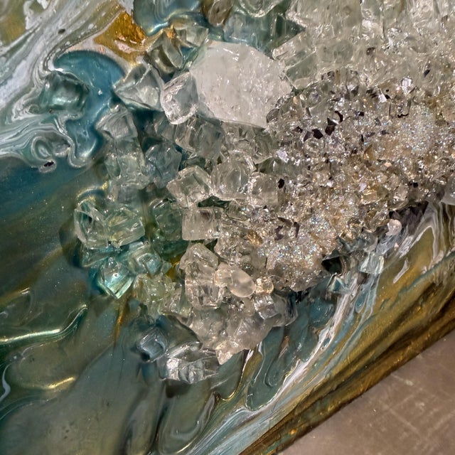 Abstract Blue and Gold Fluid Art Painting Crushed Glass Modern Wall Art For Sale - Image 11 of 12