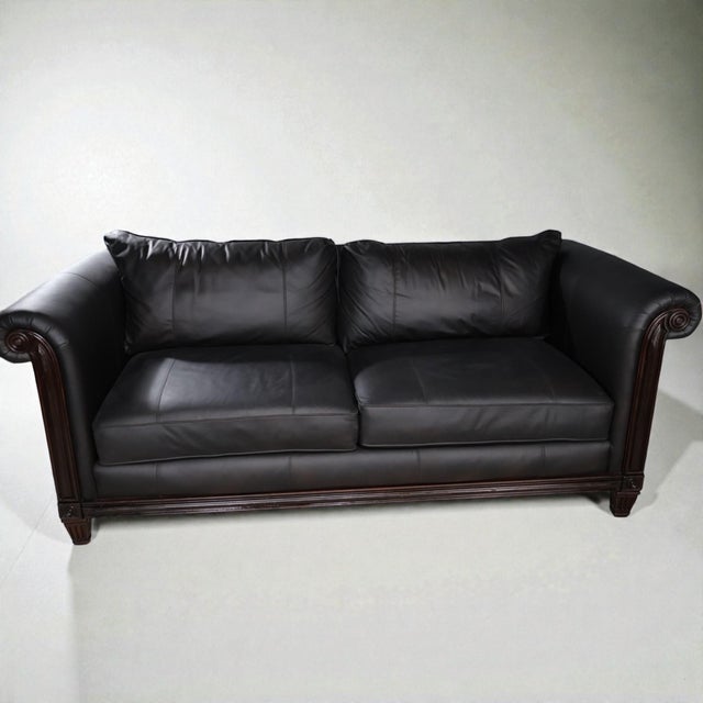 Black Leather Sofa With Carved Wood Base – Classic Rolled Arm Design For Sale In Miami - Image 6 of 9