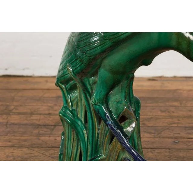 Ceramic Vintage Lifesize Chinese Green & Blue Glazed Ceramic Heron Bird Sculpture For Sale - Image 7 of 13