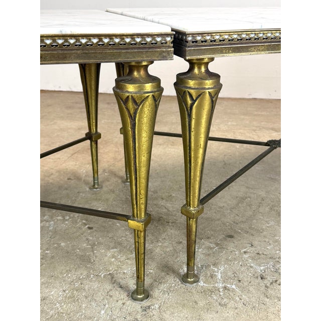 Mid 20th Century French Neoclassical Regency Style Tripartite X-Base Brass & Carrara Marble Tables For Sale In New York - Image 6 of 12