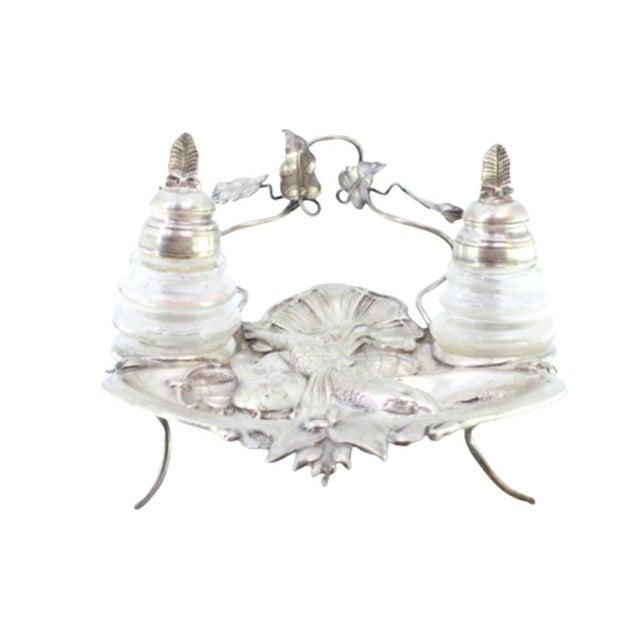 Metal Silver and Glass Inkwell with Embossed Fish Figure and Acanthus Leaves For Sale - Image 7 of 7